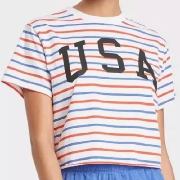 MIGHTY FINE Women’s White Red Blue Stripe USA Cropped Graphic Tee - Picture 1 of 5